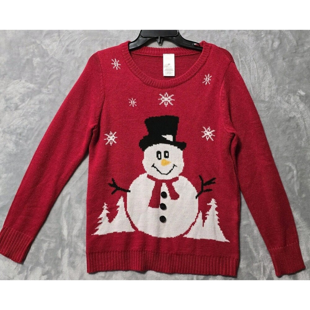 Frosty Snowman Christmas Sweater Womens Large 12/14 Red Glitter Snowflakes